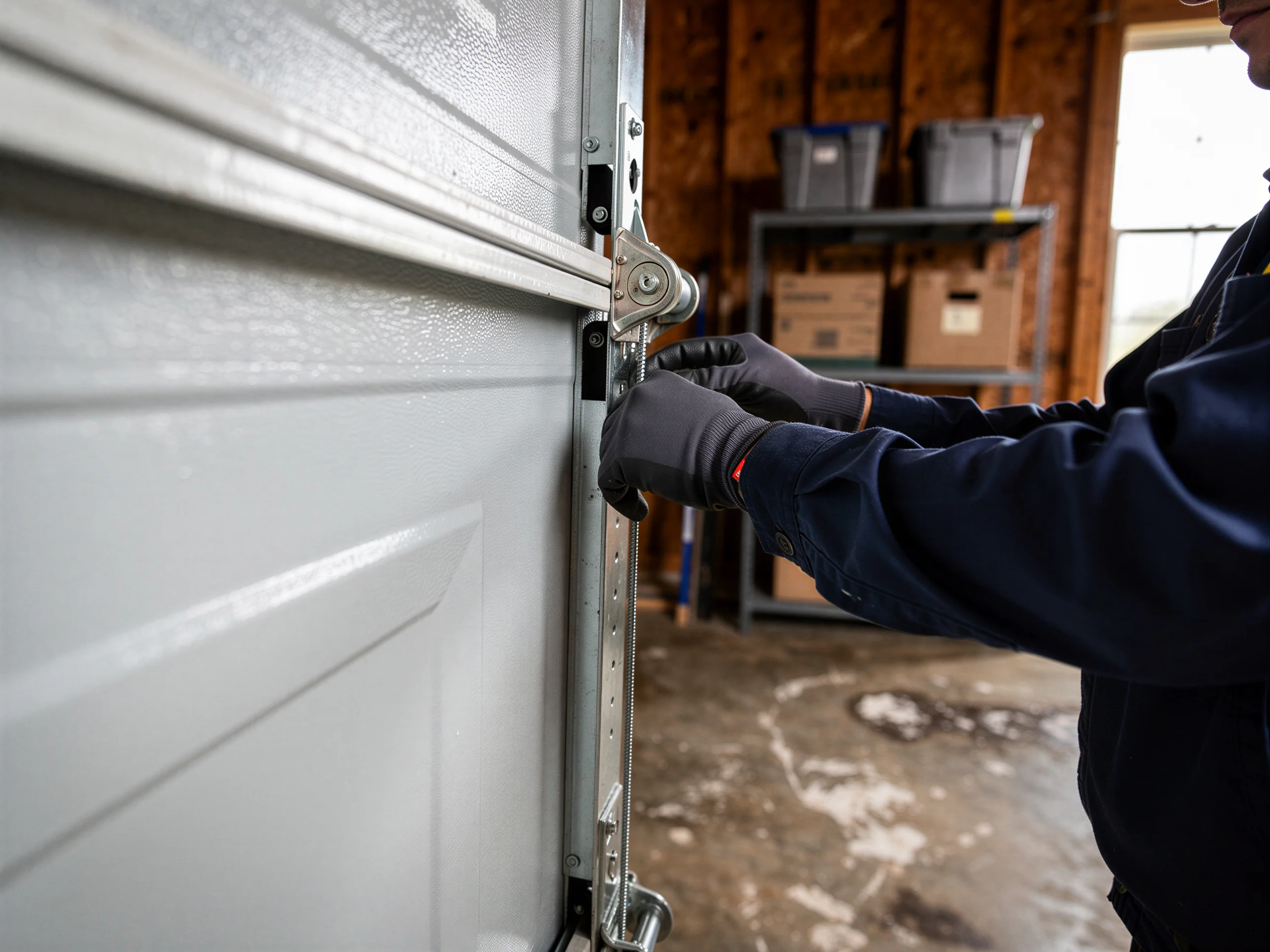 A technician in gloves works on the roller of a white garage door.