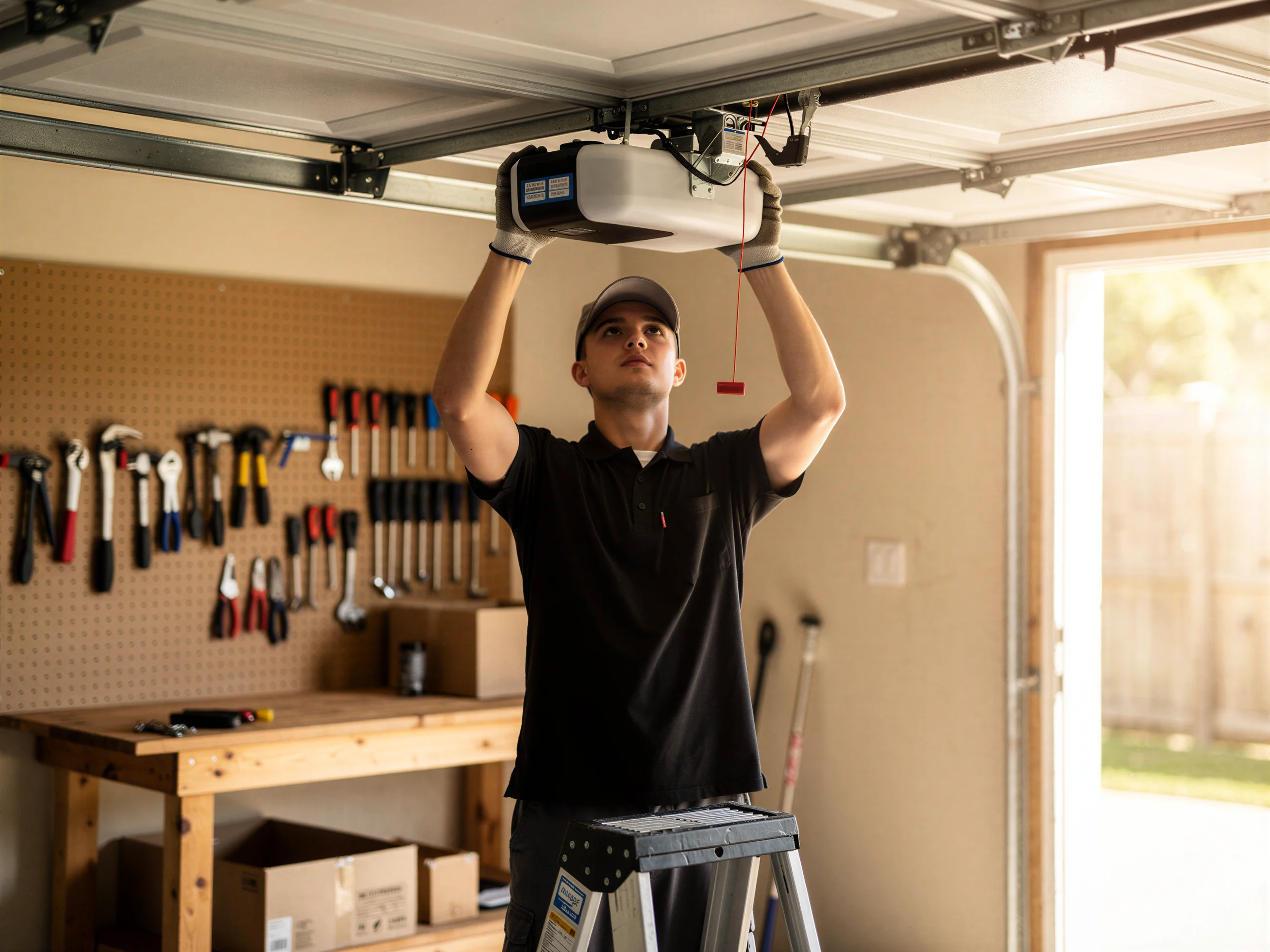A technician on a ladder installs a garage door opener.