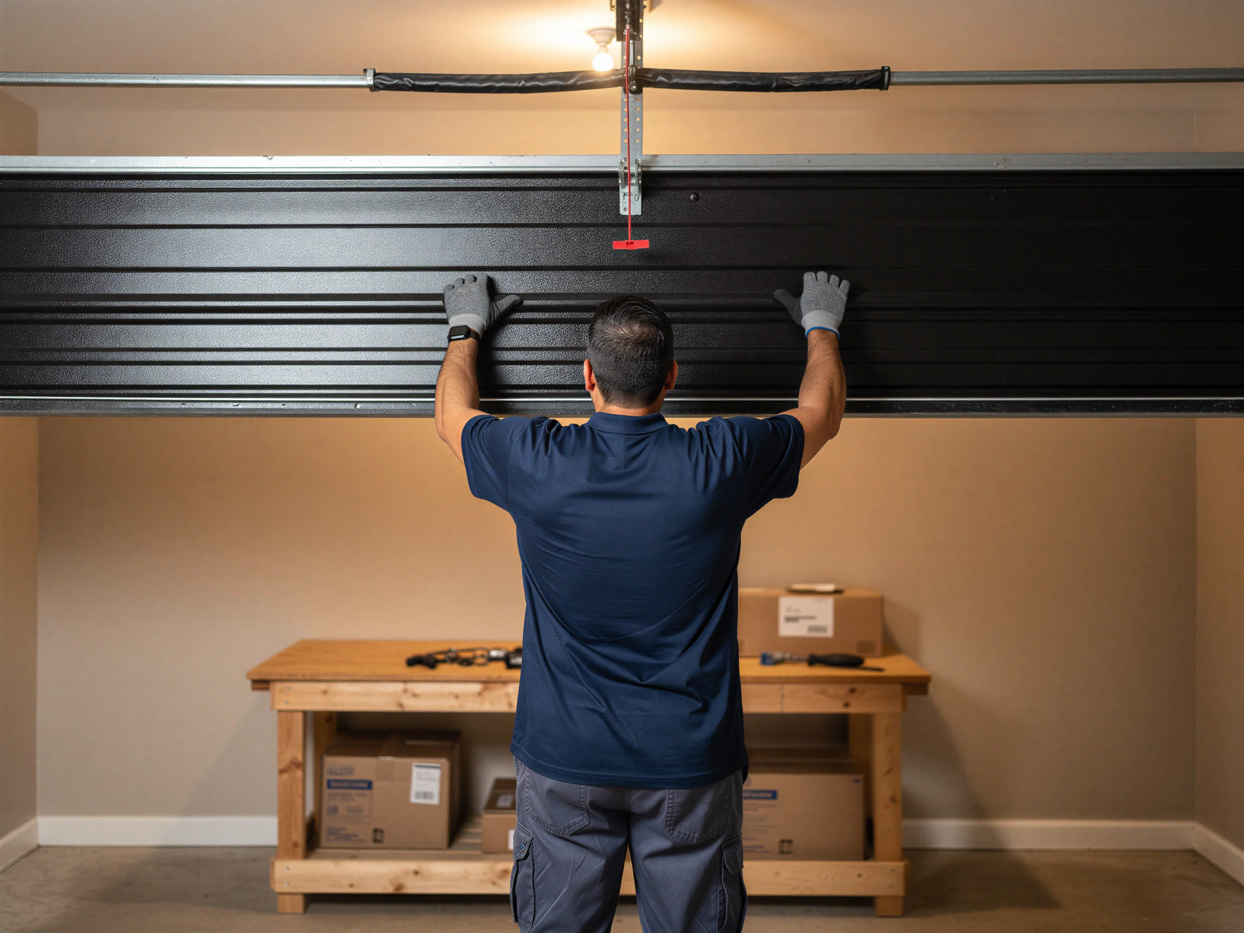 A technician in a blue shirt is working on a black garage door.