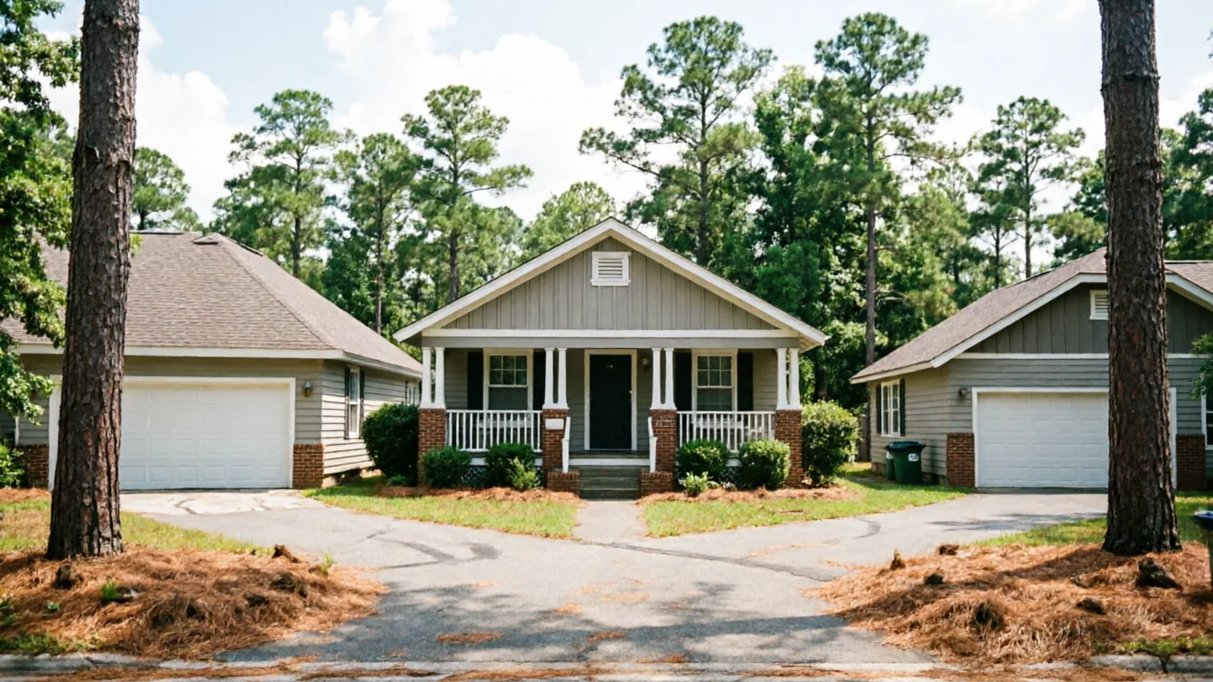 Three houses with garages and driveways are surrounded by pine trees.